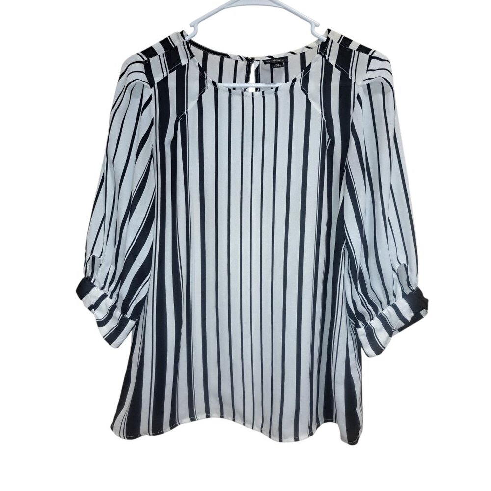 Worthington Womens Blouse XS Black/White Vertical Stripe Roll Tab 3/4 Sleeve